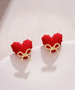 Unique Red Heart Stud Earrings with Cute Bow Detail - High-End New Year Ear Accessories for Stylish Looks