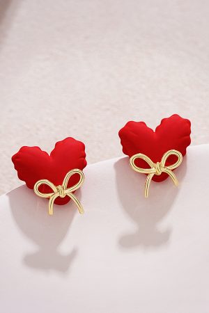Unique Red Heart Stud Earrings with Cute Bow Detail - High-End New Year Ear Accessories for Stylish Looks