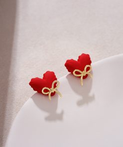 Unique Red Heart Stud Earrings with Cute Bow Detail - High-End New Year Ear Accessories for Stylish Looks
