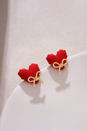 Unique Red Heart Stud Earrings with Cute Bow Detail - High-End New Year Ear Accessories for Stylish Looks