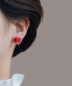 Unique Red Heart Stud Earrings with Cute Bow Detail - High-End New Year Ear Accessories for Stylish Looks