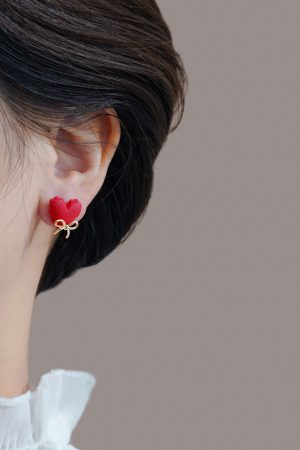 Unique Red Heart Stud Earrings with Cute Bow Detail - High-End New Year Ear Accessories for Stylish Looks