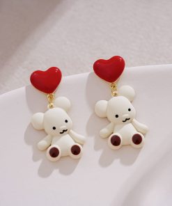 Unique Tea-Themed Bear-Shaped Earrings with Red Heart Detail - High-End Autumn/Winter 2025 Ear Accessories