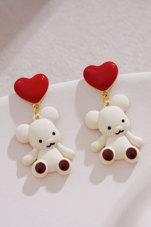 Unique Tea-Themed Bear-Shaped Earrings with Red Heart Detail - High-End Autumn/Winter 2025 Ear Accessories