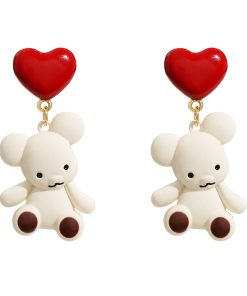 Unique Tea-Themed Bear-Shaped Earrings with Red Heart Detail - High-End Autumn/Winter 2025 Ear Accessories