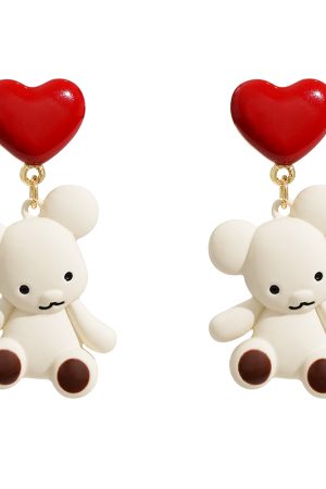 Unique Tea-Themed Bear-Shaped Earrings with Red Heart Detail - High-End Autumn/Winter 2025 Ear Accessories