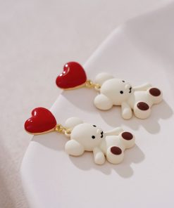 Unique Tea-Themed Bear-Shaped Earrings with Red Heart Detail - High-End Autumn/Winter 2025 Ear Accessories