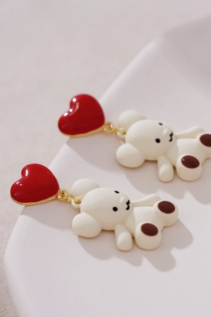 Unique Tea-Themed Bear-Shaped Earrings with Red Heart Detail - High-End Autumn/Winter 2025 Ear Accessories