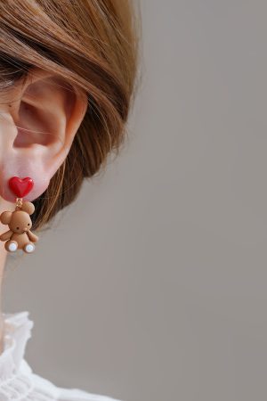 Unique Tea-Themed Bear-Shaped Earrings with Red Heart Detail - High-End Autumn/Winter 2025 Ear Accessories