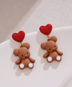 Unique Tea-Themed Bear-Shaped Earrings with Red Heart Detail - High-End Autumn/Winter 2025 Ear Accessories