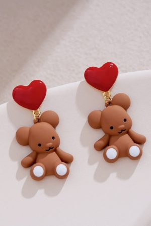 Unique Tea-Themed Bear-Shaped Earrings with Red Heart Detail - High-End Autumn/Winter 2025 Ear Accessories