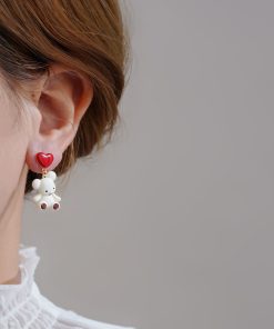 Unique Tea-Themed Bear-Shaped Earrings with Red Heart Detail - High-End Autumn/Winter 2025 Ear Accessories
