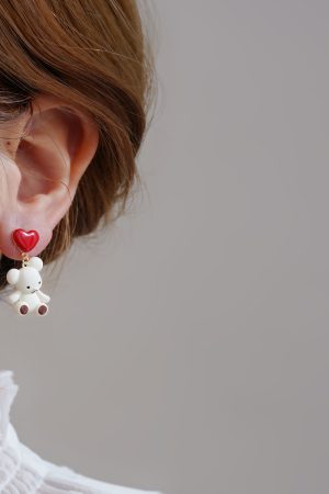 Unique Tea-Themed Bear-Shaped Earrings with Red Heart Detail - High-End Autumn/Winter 2025 Ear Accessories
