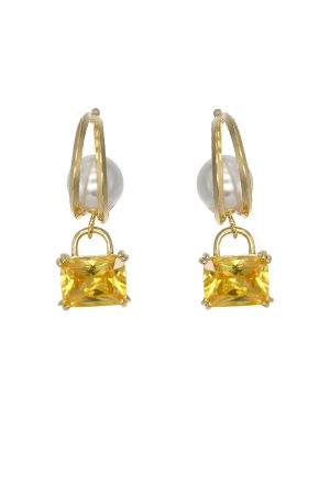 Unique Yellow Sugar Cube Crystal Pearl Hoop Earrings for Women - Exquisite Long Earrings, 2025 Trendy Design