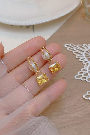 Unique Yellow Sugar Cube Crystal Pearl Hoop Earrings for Women - Exquisite Long Earrings, 2025 Trendy Design