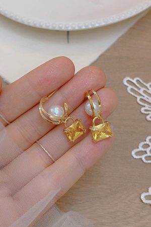 Unique Yellow Sugar Cube Crystal Pearl Hoop Earrings for Women - Exquisite Long Earrings, 2025 Trendy Design