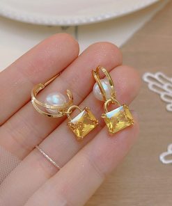 Unique Yellow Sugar Cube Crystal Pearl Hoop Earrings for Women - Exquisite Long Earrings, 2025 Trendy Design