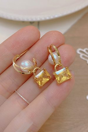 Unique Yellow Sugar Cube Crystal Pearl Hoop Earrings for Women - Exquisite Long Earrings, 2025 Trendy Design