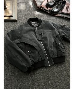 Unisex American High Street Washed Denim Bomber Jacket - Spring Autumn Short Canvas Jacket with Wide Fit