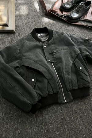 Unisex American High Street Washed Denim Bomber Jacket - Spring Autumn Short Canvas Jacket with Wide Fit