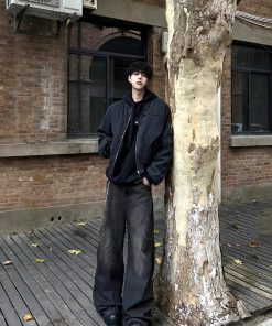 Unisex American High Street Washed Denim Bomber Jacket - Spring Autumn Short Canvas Jacket with Wide Fit