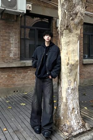 Unisex American High Street Washed Denim Bomber Jacket - Spring Autumn Short Canvas Jacket with Wide Fit