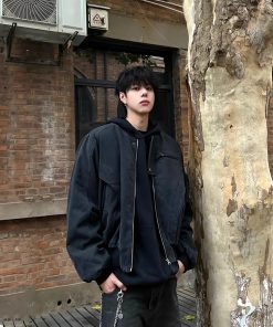 Unisex American High Street Washed Denim Bomber Jacket - Spring Autumn Short Canvas Jacket with Wide Fit