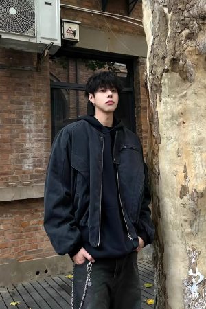 Unisex American High Street Washed Denim Bomber Jacket - Spring Autumn Short Canvas Jacket with Wide Fit