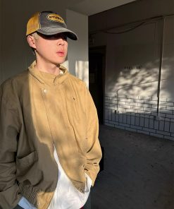 Unisex American Retro Bomber Jacket with Stand Collar - Boxy Short Workwear Coat for Spring and Autumn Fashion