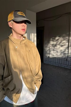 Unisex American Retro Bomber Jacket with Stand Collar - Boxy Short Workwear Coat for Spring and Autumn Fashion