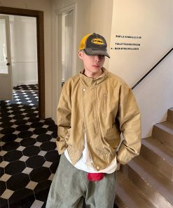 Unisex American Retro Bomber Jacket with Stand Collar - Boxy Short Workwear Coat for Spring and Autumn Fashion