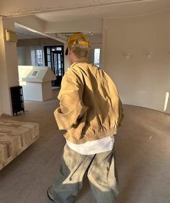 Unisex American Retro Bomber Jacket with Stand Collar - Boxy Short Workwear Coat for Spring and Autumn Fashion