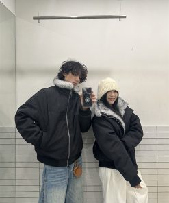 Unisex American Retro Clean Fit Cotton Jacket with Fur Collar, Thickened Winter Flight Coat, Trendy Mountain Eagle Design