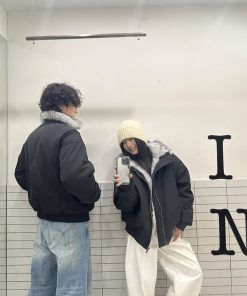 Unisex American Retro Clean Fit Cotton Jacket with Fur Collar, Thickened Winter Flight Coat, Trendy Mountain Eagle Design