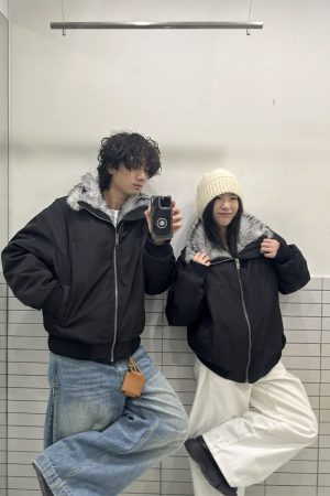 Unisex American Retro Clean Fit Cotton Jacket with Fur Collar, Thickened Winter Flight Coat, Trendy Mountain Eagle Design
