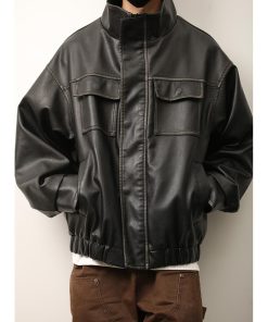 Unisex American Retro Distressed Multi-Pocket PU Leather Jacket with Stand Collar - Stylish Workwear for Spring and Autumn