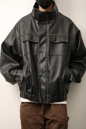 Unisex American Retro Distressed Multi-Pocket PU Leather Jacket with Stand Collar - Stylish Workwear for Spring and Autumn