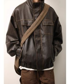 Unisex American Retro Distressed Multi-Pocket PU Leather Jacket with Stand Collar - Stylish Workwear for Spring and Autumn