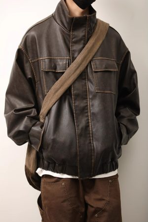 Unisex American Retro Distressed Multi-Pocket PU Leather Jacket with Stand Collar - Stylish Workwear for Spring and Autumn