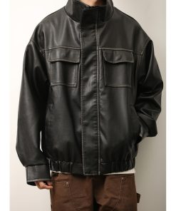 Unisex American Retro Distressed Multi-Pocket PU Leather Jacket with Stand Collar - Stylish Workwear for Spring and Autumn