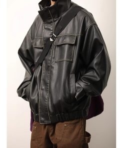 Unisex American Retro Distressed Multi-Pocket PU Leather Jacket with Stand Collar - Stylish Workwear for Spring and Autumn