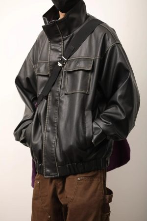 Unisex American Retro Distressed Multi-Pocket PU Leather Jacket with Stand Collar - Stylish Workwear for Spring and Autumn