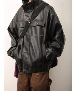 Unisex American Retro Distressed Multi-Pocket PU Leather Jacket with Stand Collar - Stylish Workwear for Spring and Autumn