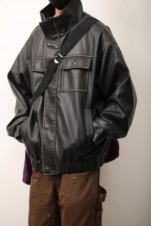 Unisex American Retro Distressed Multi-Pocket PU Leather Jacket with Stand Collar - Stylish Workwear for Spring and Autumn