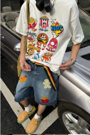 Unisex American Retro Embroidered Hamburger & Fries Denim Shorts - Loose Wide-Leg Straight Five-Point Summer Style