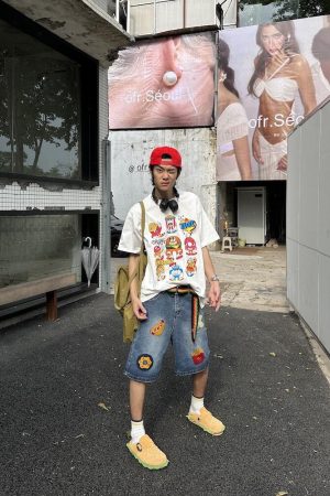 Unisex American Retro Embroidered Hamburger & Fries Denim Shorts - Loose Wide-Leg Straight Five-Point Summer Style