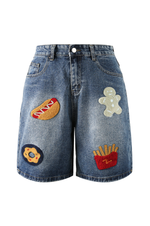 Unisex American Retro Embroidered Hamburger & Fries Denim Shorts - Loose Wide-Leg Straight Five-Point Summer Style