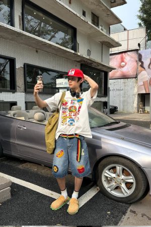 Unisex American Retro Embroidered Hamburger & Fries Denim Shorts - Loose Wide-Leg Straight Five-Point Summer Style