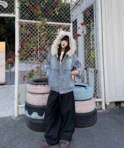 Unisex American Retro Fur Collar Hooded Jacket - Thickened Fleece Cotton Coat for Winter, High Street Trend, 90s Inspired Fashion