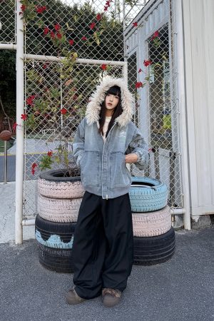 Unisex American Retro Fur Collar Hooded Jacket - Thickened Fleece Cotton Coat for Winter, High Street Trend, 90s Inspired Fashion